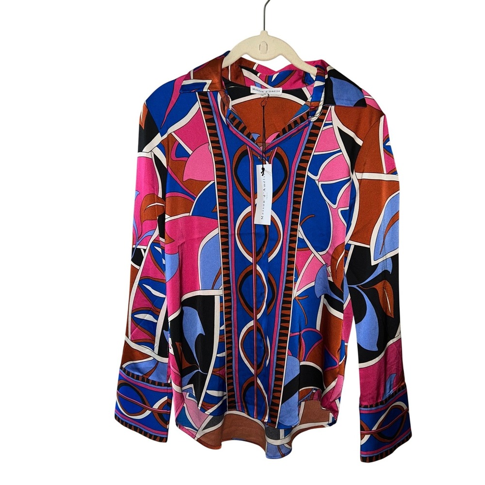 Maison d'Amélie Paris Abstract Geometric Print Satin Blouse Multi-Color NWT XS